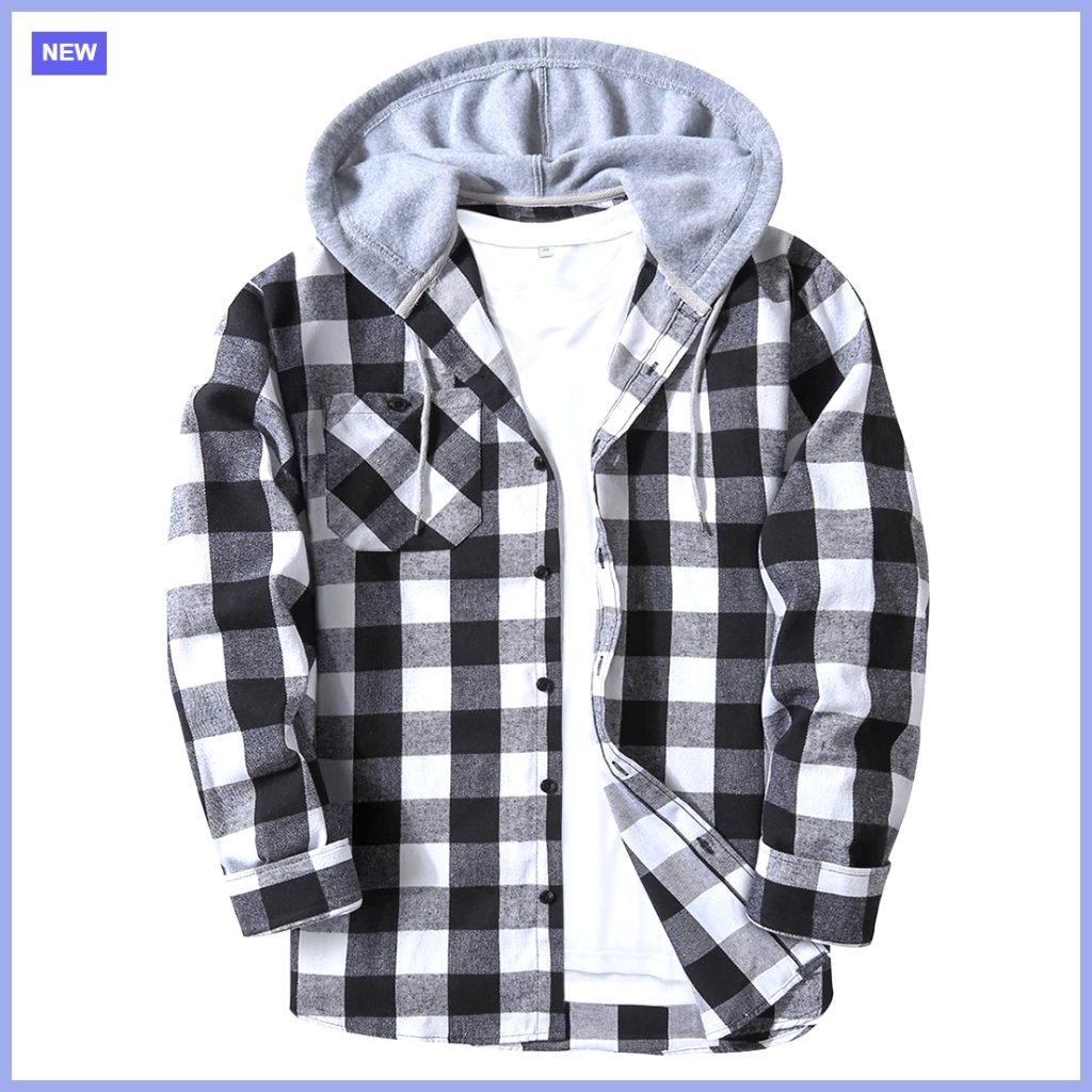 Men's Flannel Hoodie Shirt Casual Button Down Plaid Long Sleeve